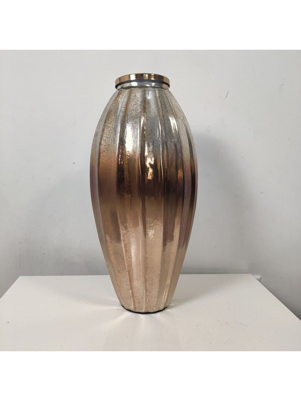 Champagne Rose Gold Ribbed Fluted Mercury Glass Metallic Urn Vase